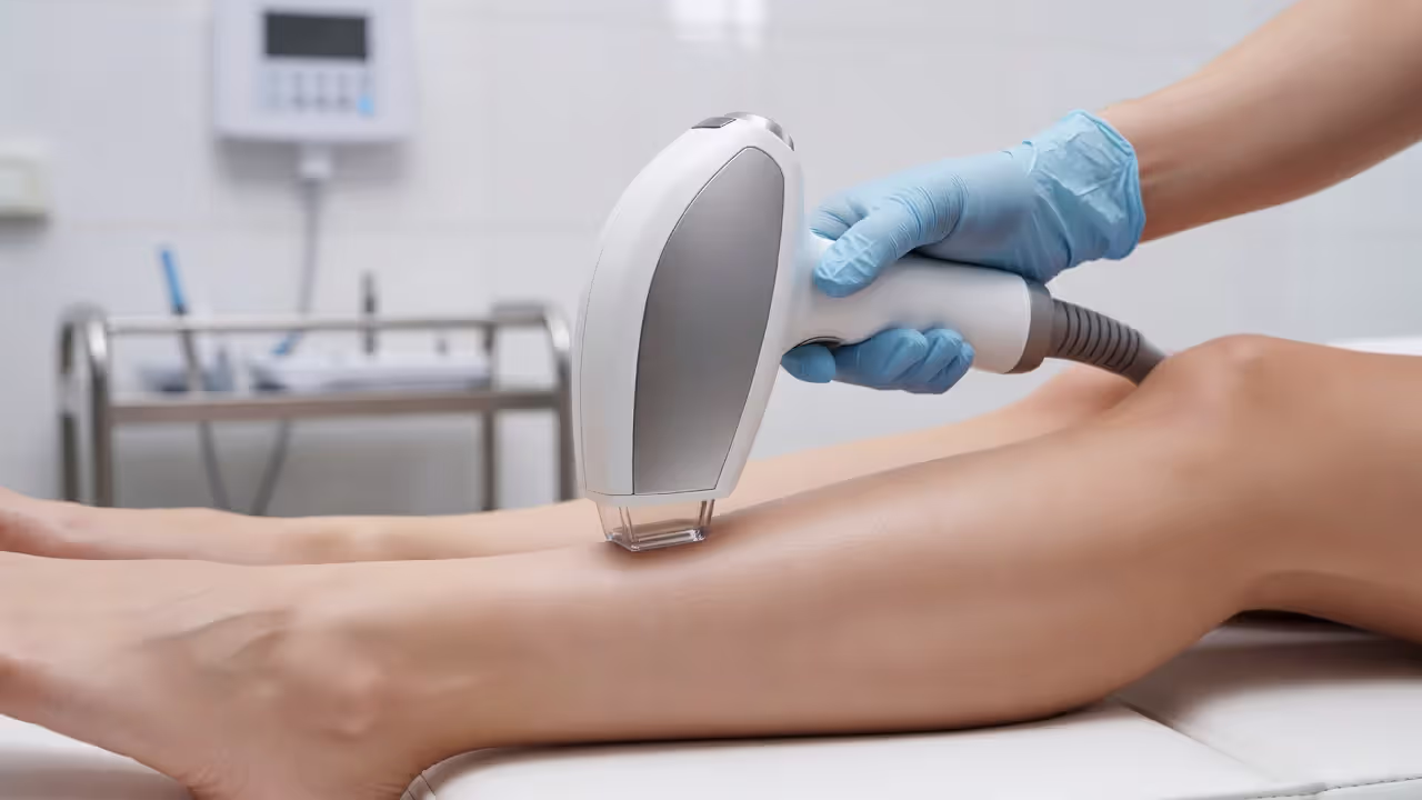 Laser hair removal device close-up during a leg treatment session