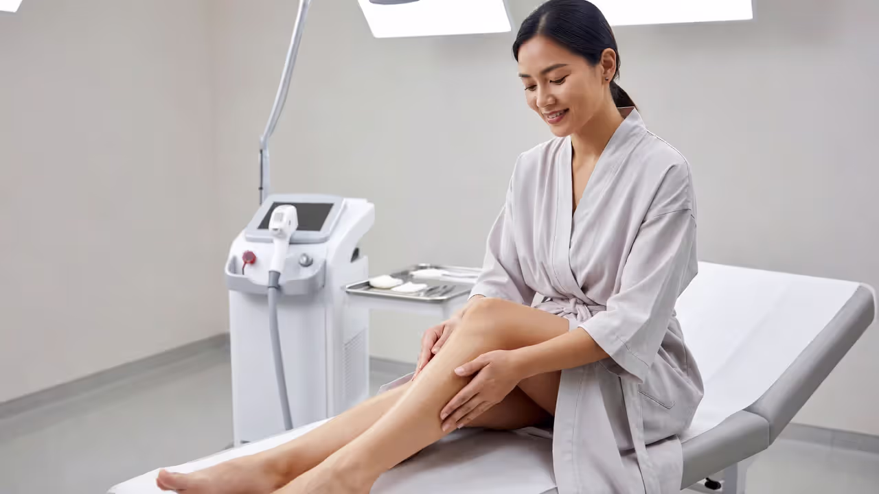 Woman checking skin smoothness after laser hair removal session