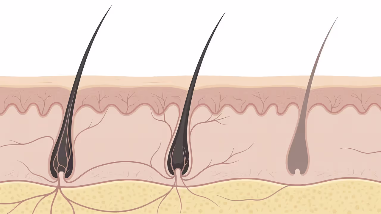 Illustration of hair growth cycle stages showing anagen, catagen, and telogen phases in skin follicles