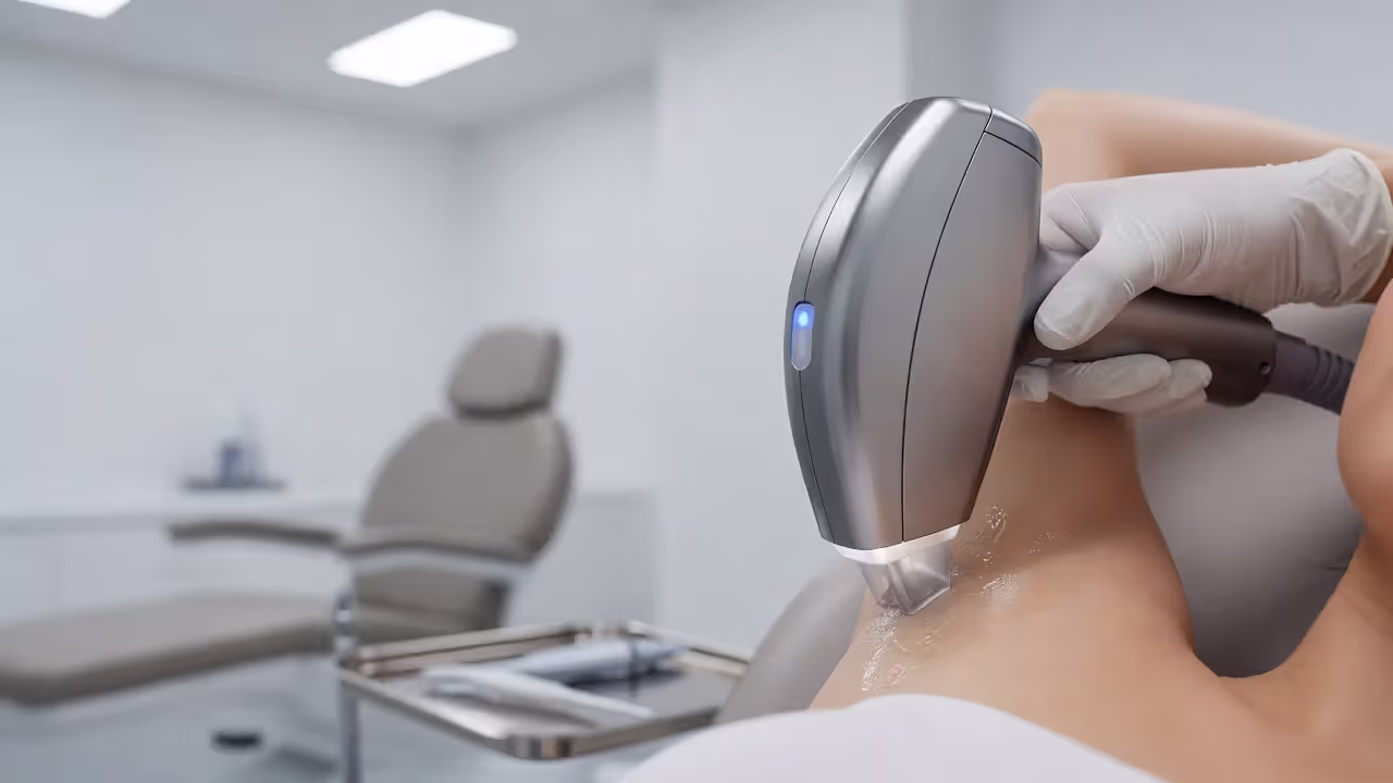 Laser hair removal device being applied to underarm area in a clinic