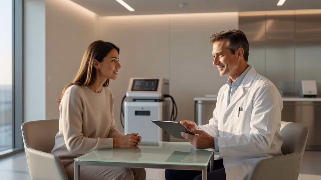Patient consulting with a laser hair removal specialist about treatment schedule