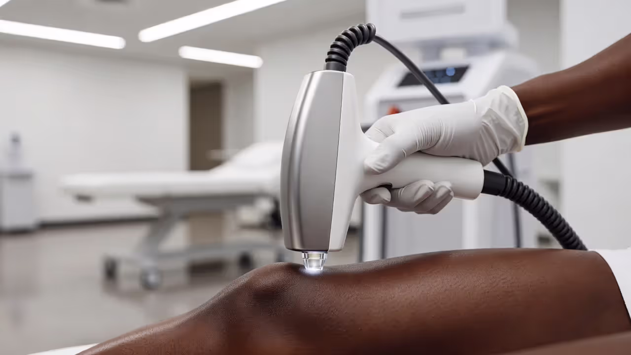 Laser hair removal treatment on dark skin in a professional clinic