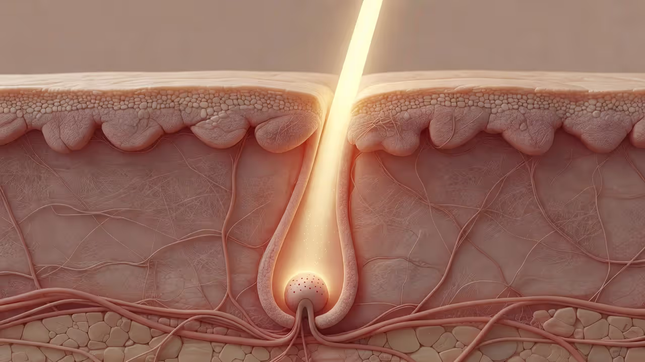 Laser targeting a hair follicle through the skin surface