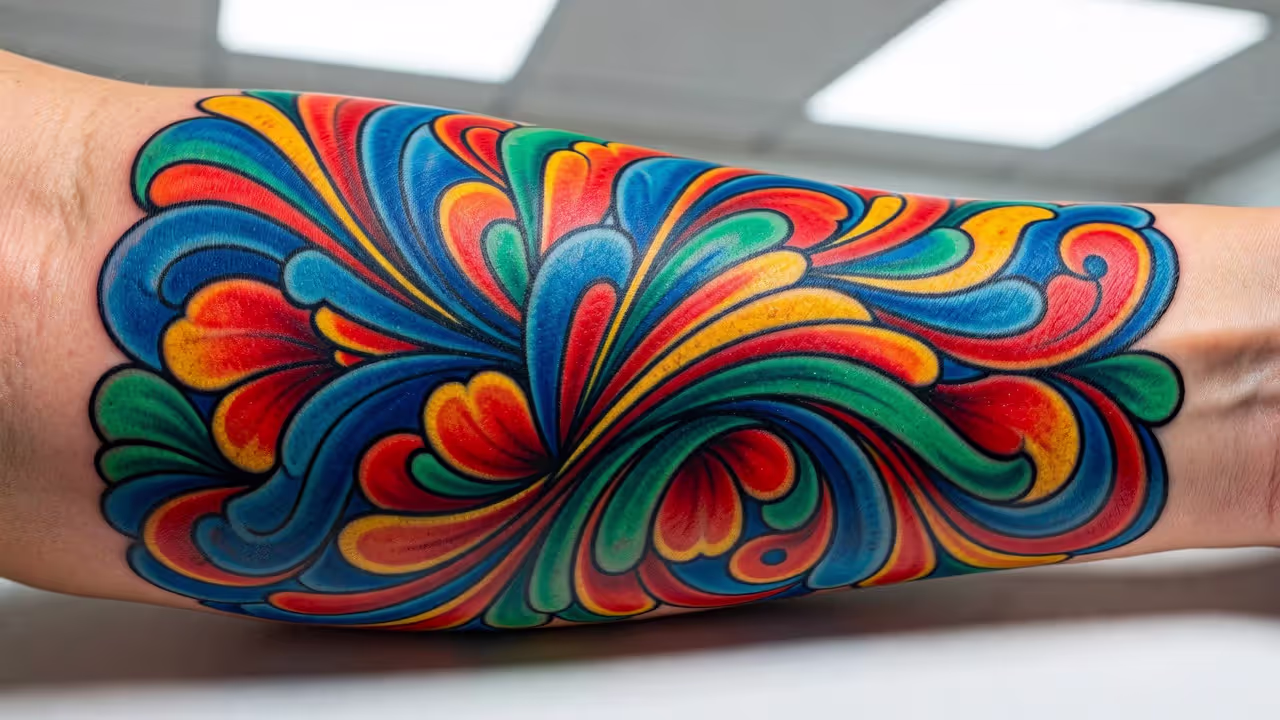 Colorful tattoo on forearm skin that would require careful avoidance during laser hair removal