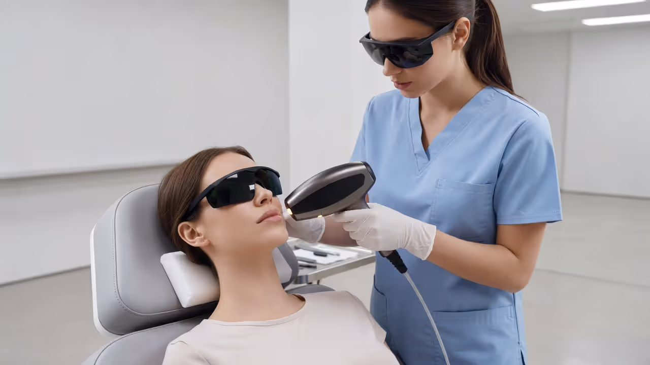 Laser hair removal treatment being applied to a woman's upper lip in a clinical setting
