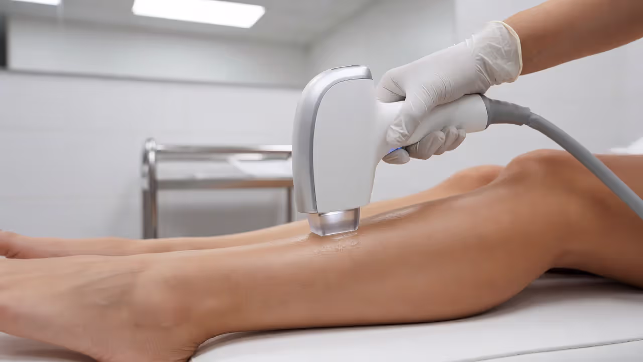 Laser hair removal treatment on leg in a clinical setting