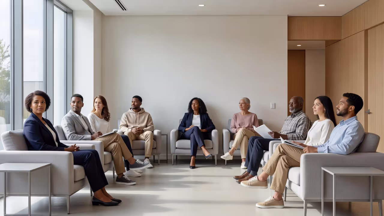 Diverse patients in a modern dermatology clinic for laser hair removal consultation