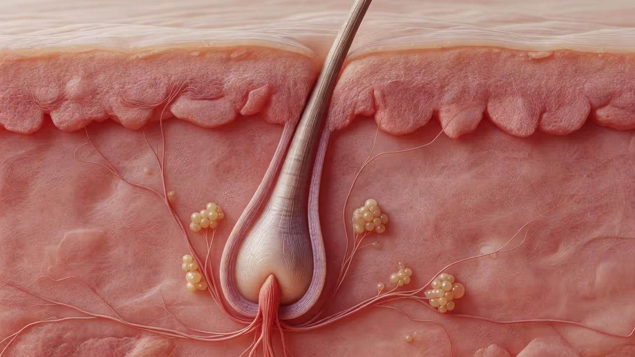 Cross-section of a hair follicle showing root structure beneath the skin