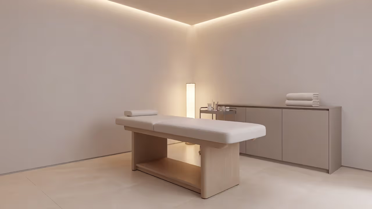 Professional waxing treatment room with soft lighting and clean setup