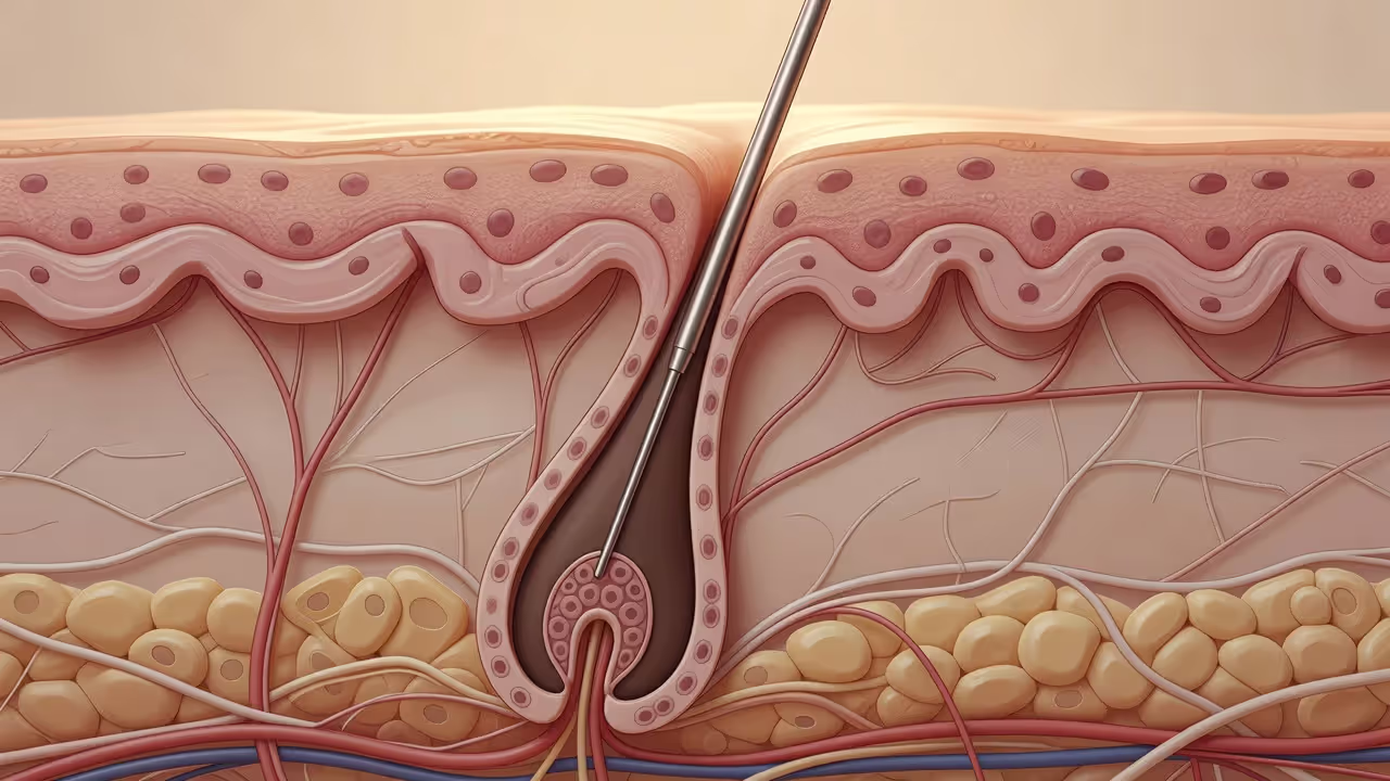 Illustration of electrolysis probe inserted into a hair follicle