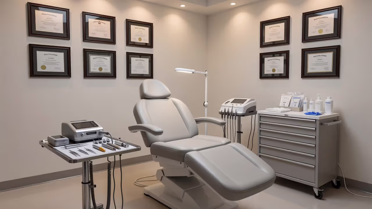 Professional electrology treatment room with credentials displayed