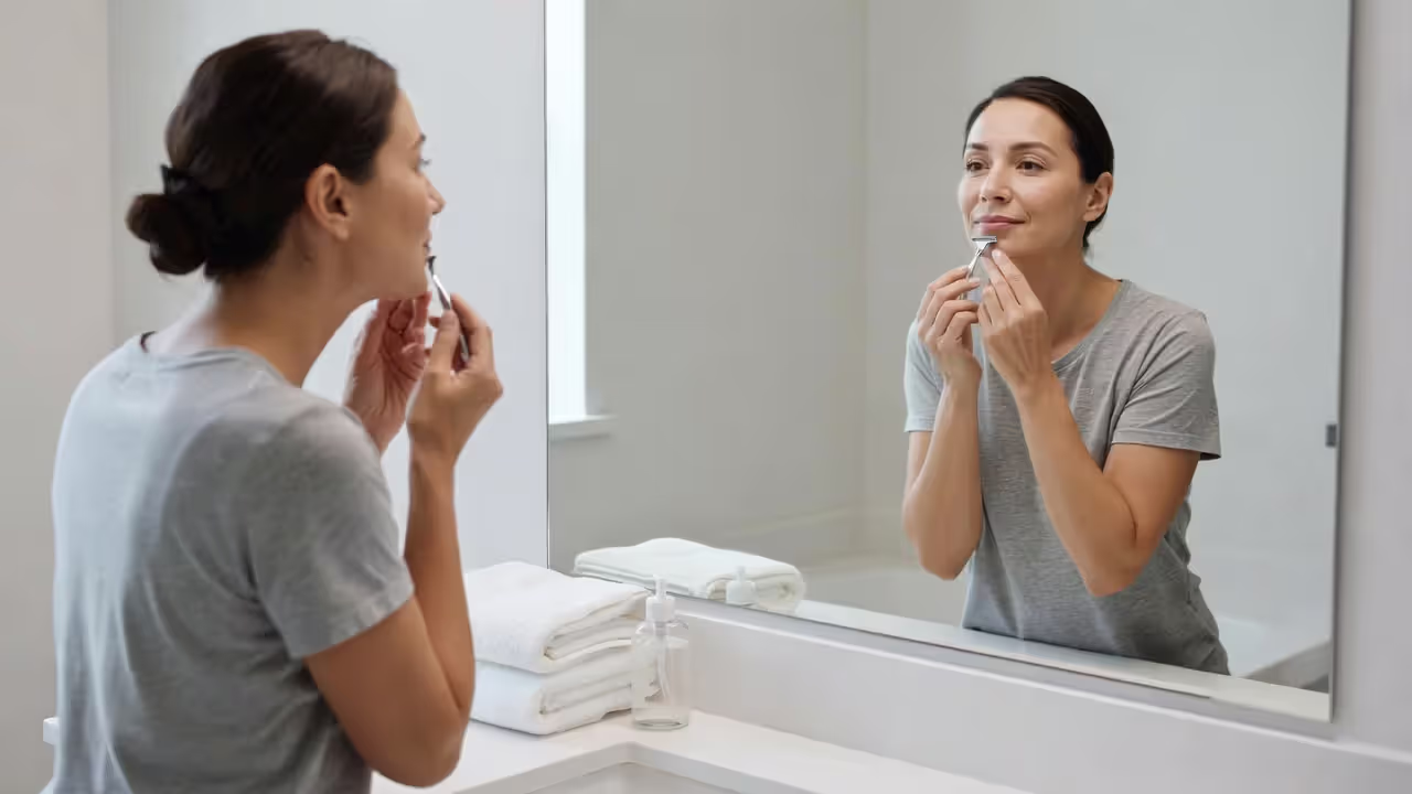Woman removing upper lip hair at home using a facial razor