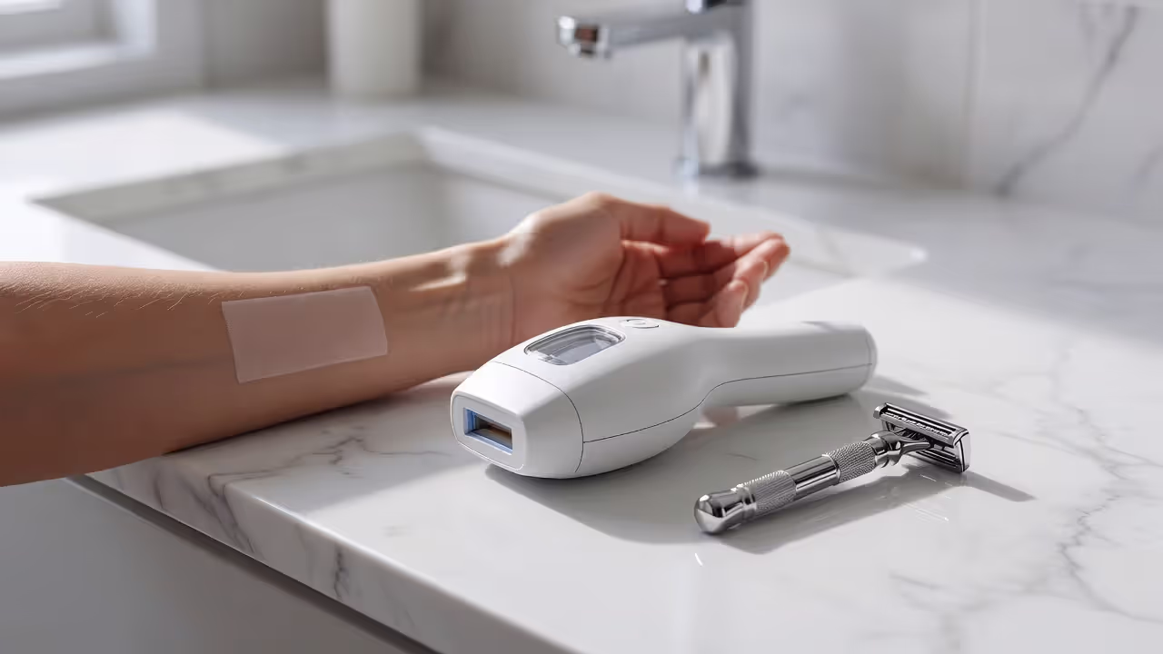 IPL hair removal preparation with device and razor on countertop