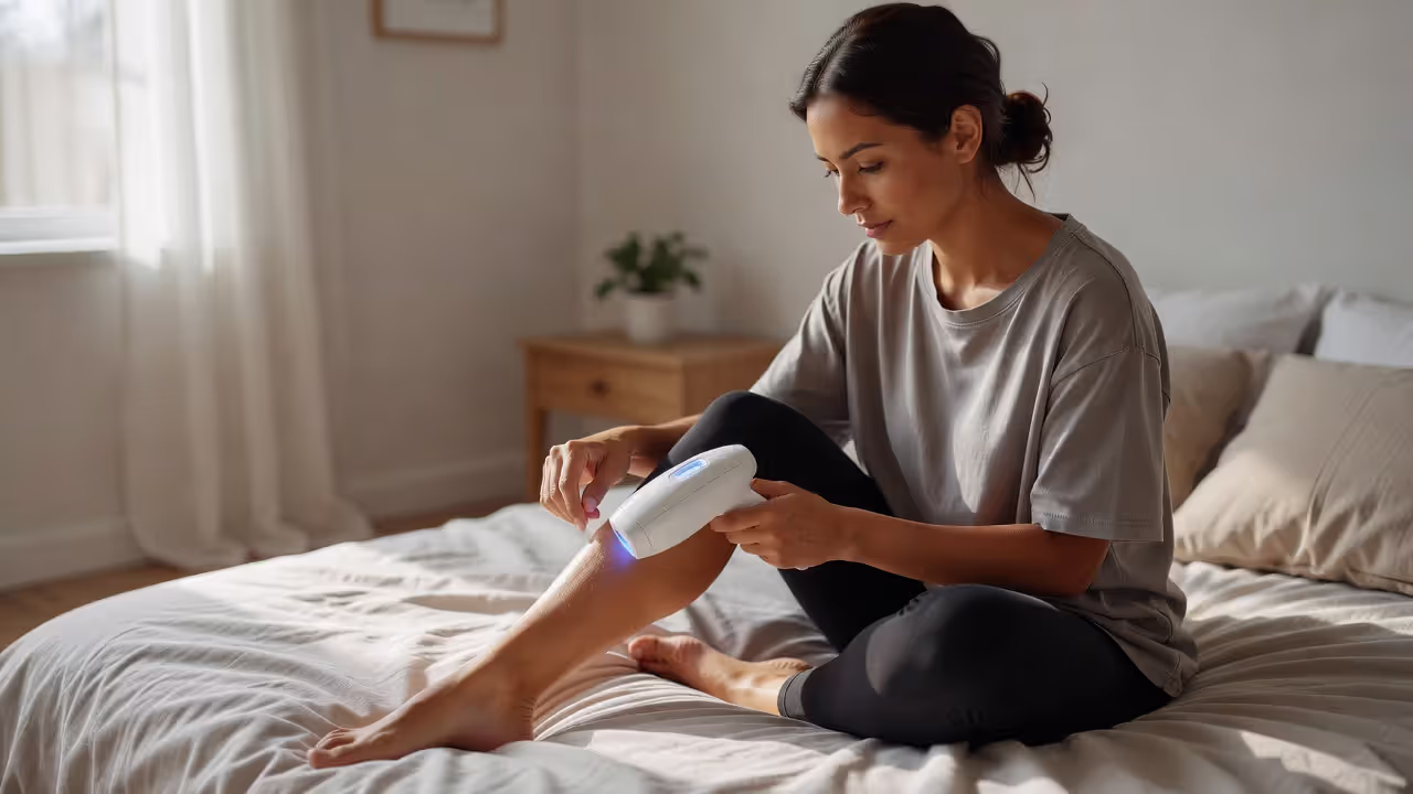 Woman using at-home IPL hair removal device on her leg