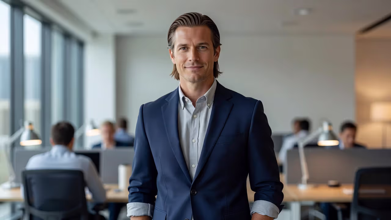 Man growing out long hair styled professionally during transition stage