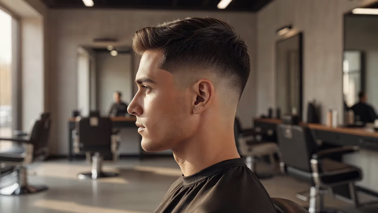 Mid fade haircut showing gradient from skin to longer hair on top