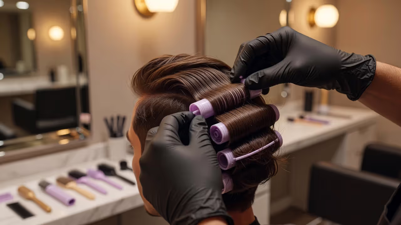 Men's perm rods being applied at a salon