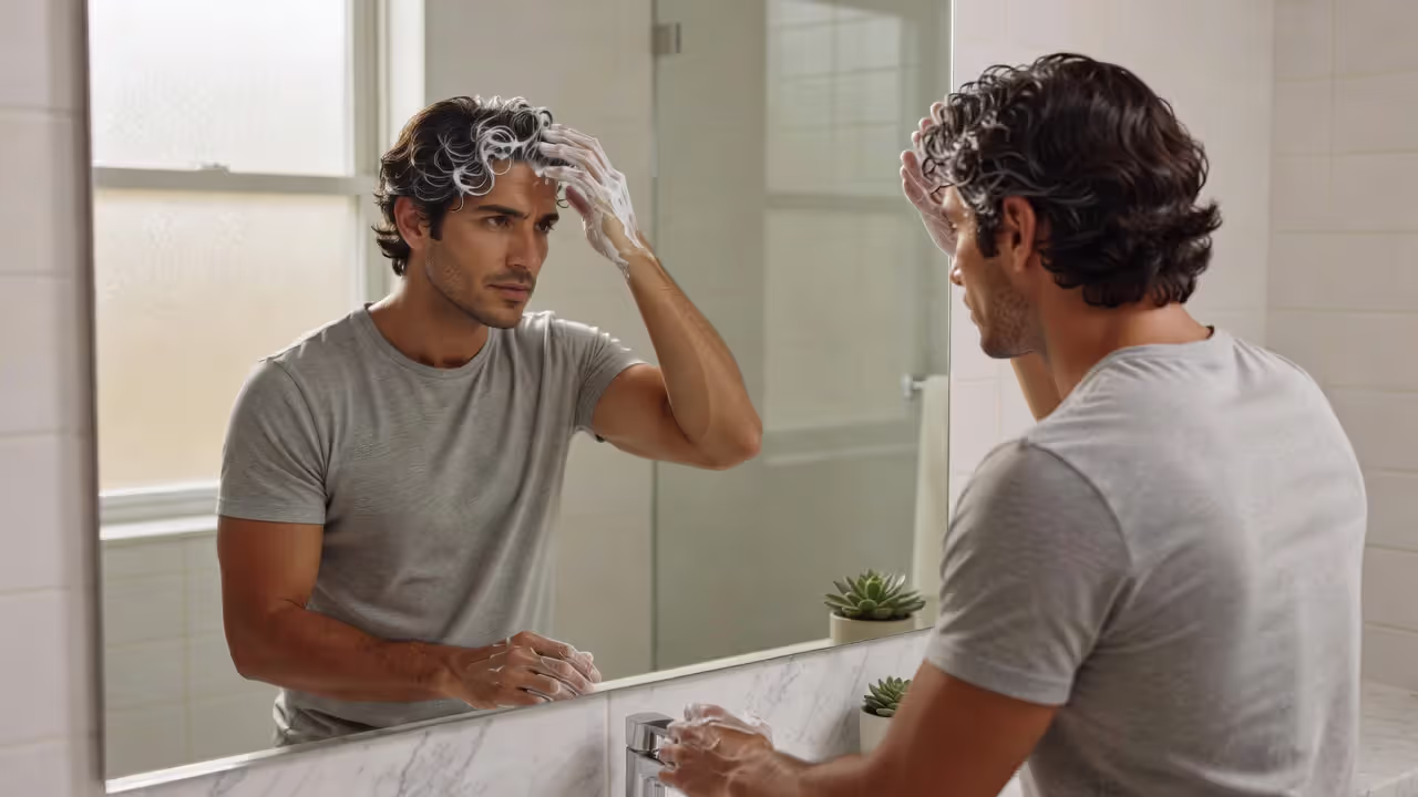 Man applying product to maintain his perm at home