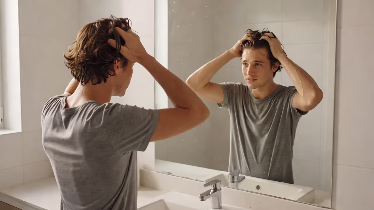 Man scrunching damp hair to style surfer waves