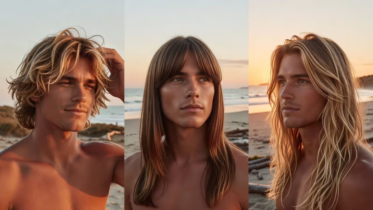 Popular surfer hairstyles for guys including medium shag, curtain fringe, and long layers