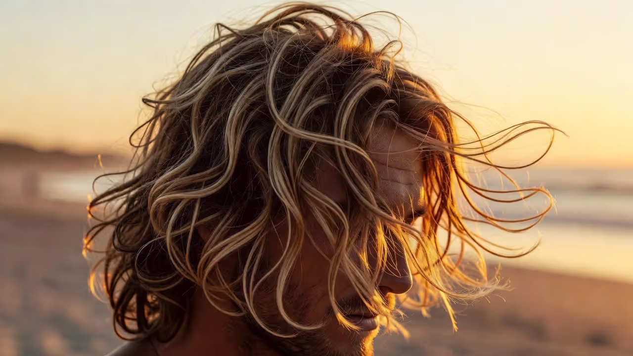 Close-up of textured surfer hair with natural waves and golden light