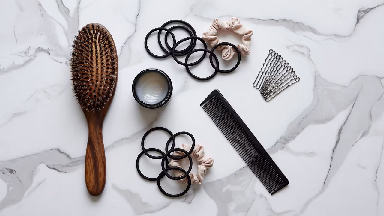 Hair tools needed for a sleek ponytail including brush, gel, and hair ties