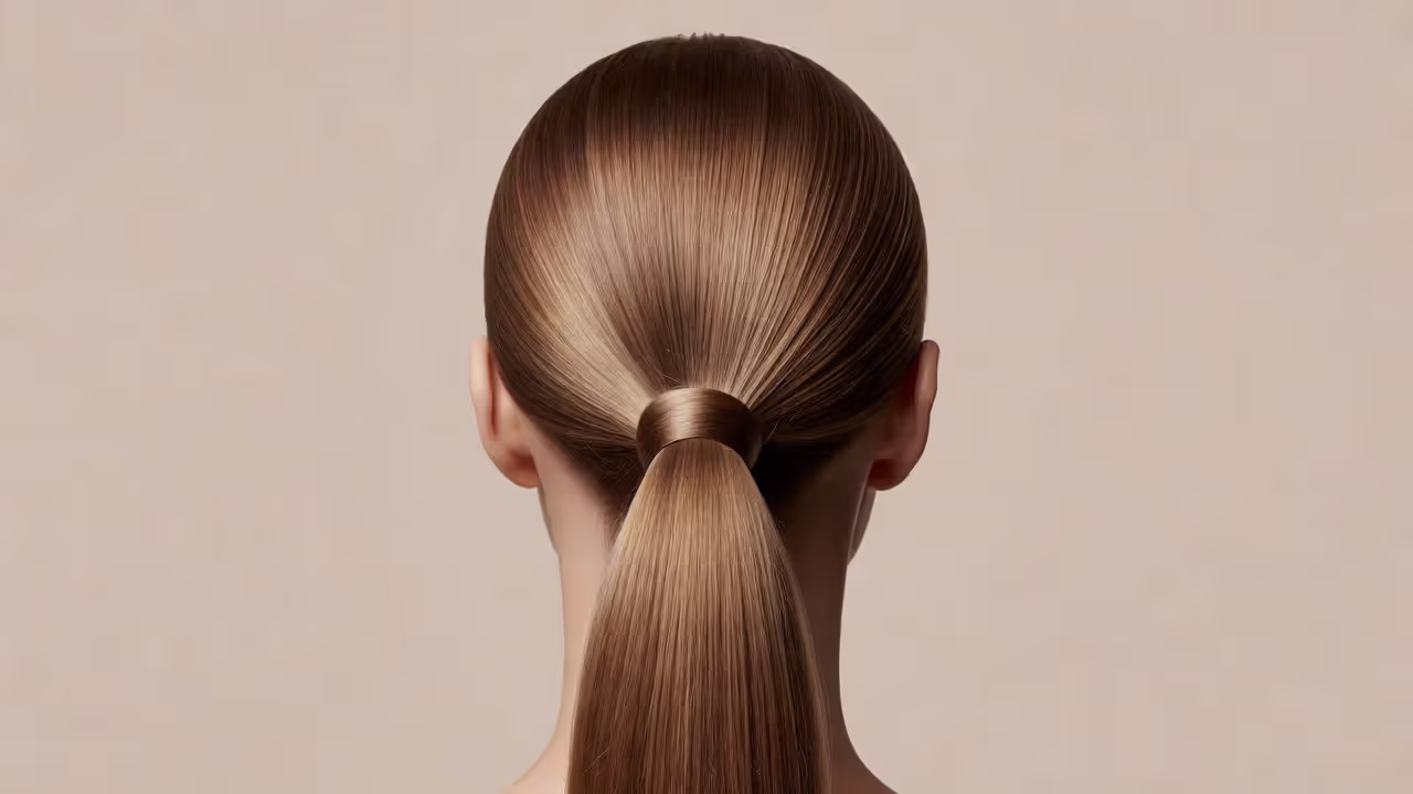 Neatly secured low ponytail with smooth base and clean finish