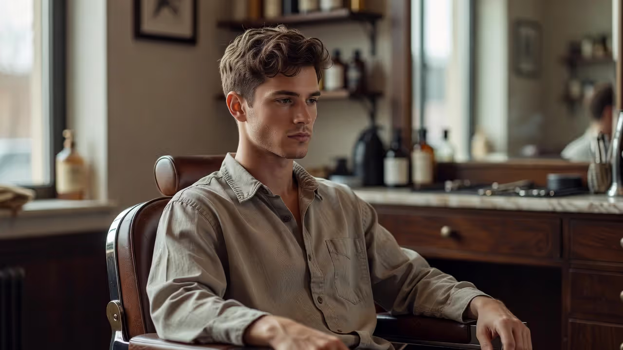 Man with short wavy hair textured crop haircut at barbershop