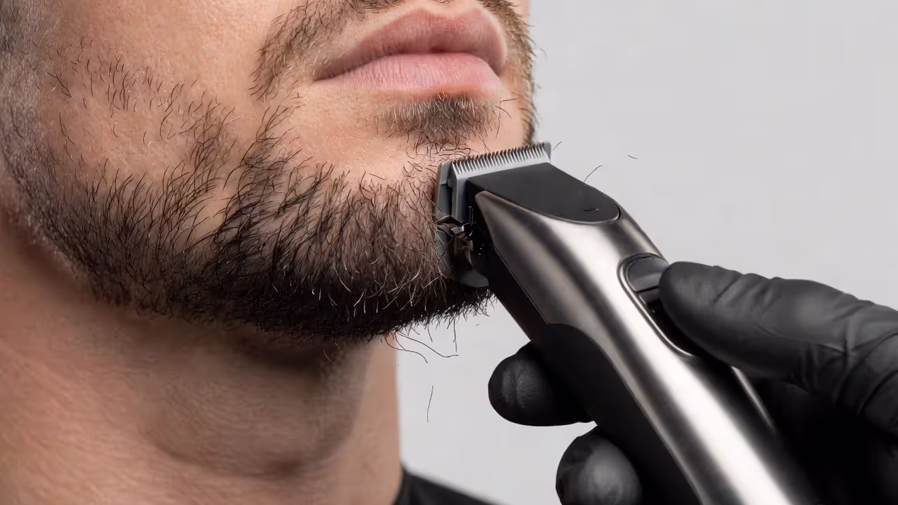 Defining the chin area while shaping a goatee with a trimmer