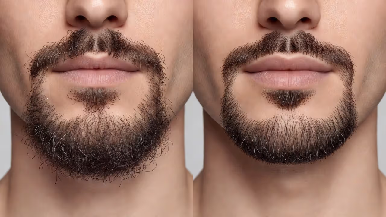 Before and after comparison of an ungroomed versus well-shaped modern goatee