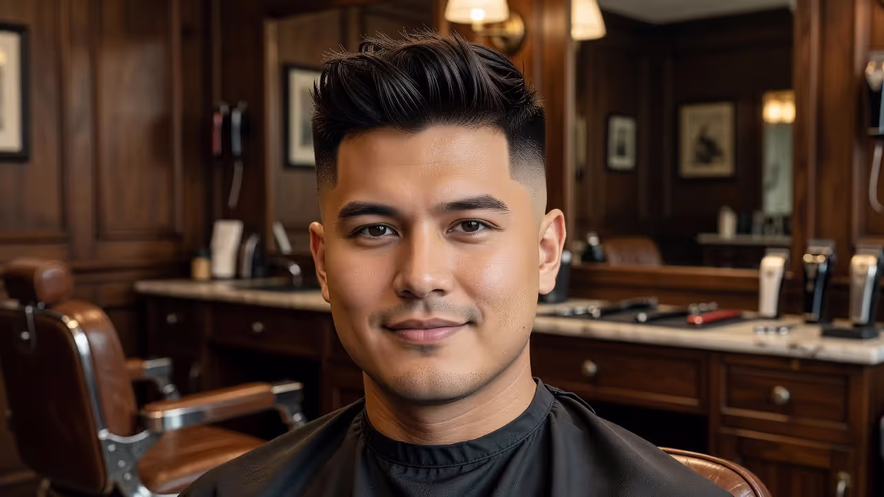 Man with round face wearing a high fade undercut hairstyle