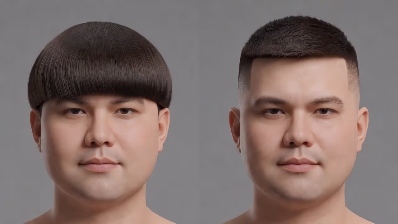 Comparison of unflattering bowl cut versus slimming high fade on a round face