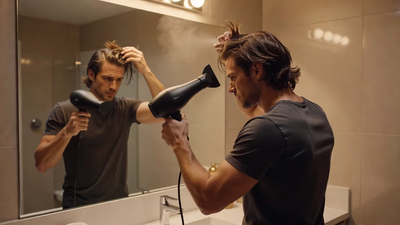 Man blow-drying hair upward to add volume and lift