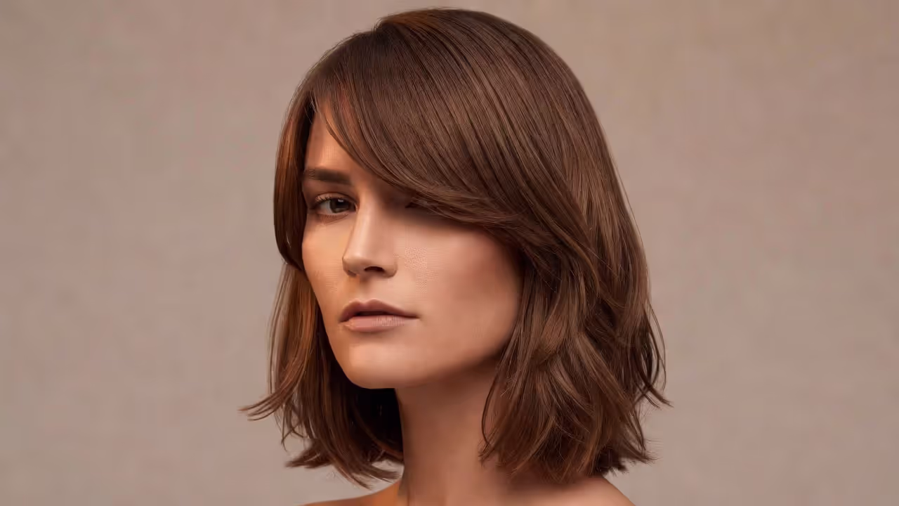 Square face woman with flattering lob haircut and side-swept bangs