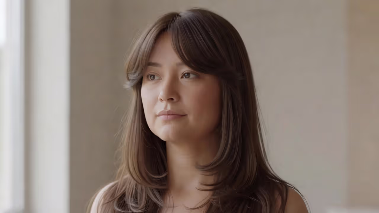 Round face woman with long layered hairstyle and curtain bangs