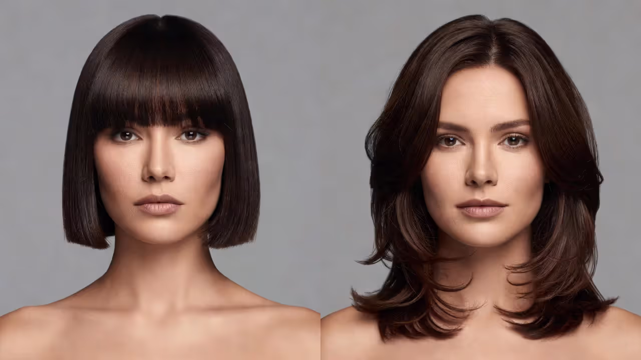 Comparison of unflattering vs flattering haircuts for square face shape