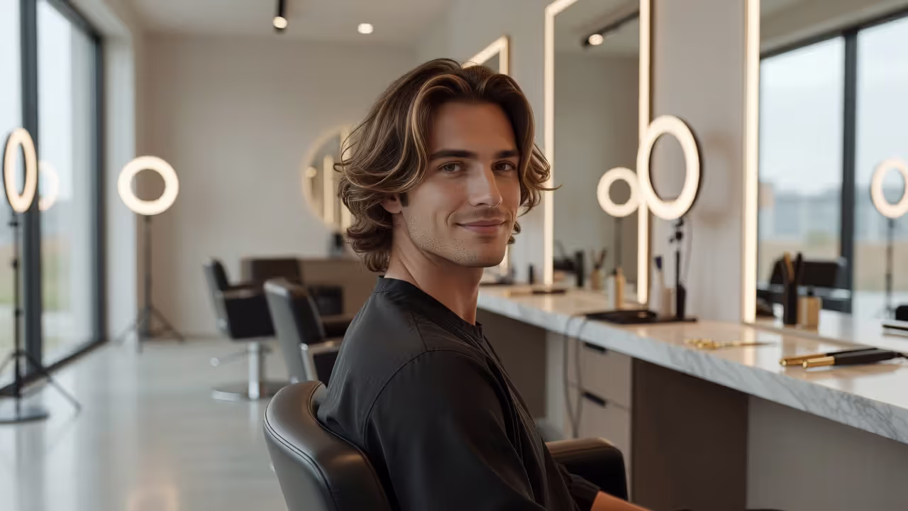 Man with medium-length wavy hair showing natural balayage color effect