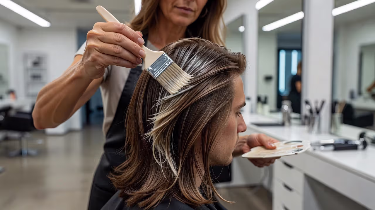 Hair colorist applying balayage technique to men's hair in salon