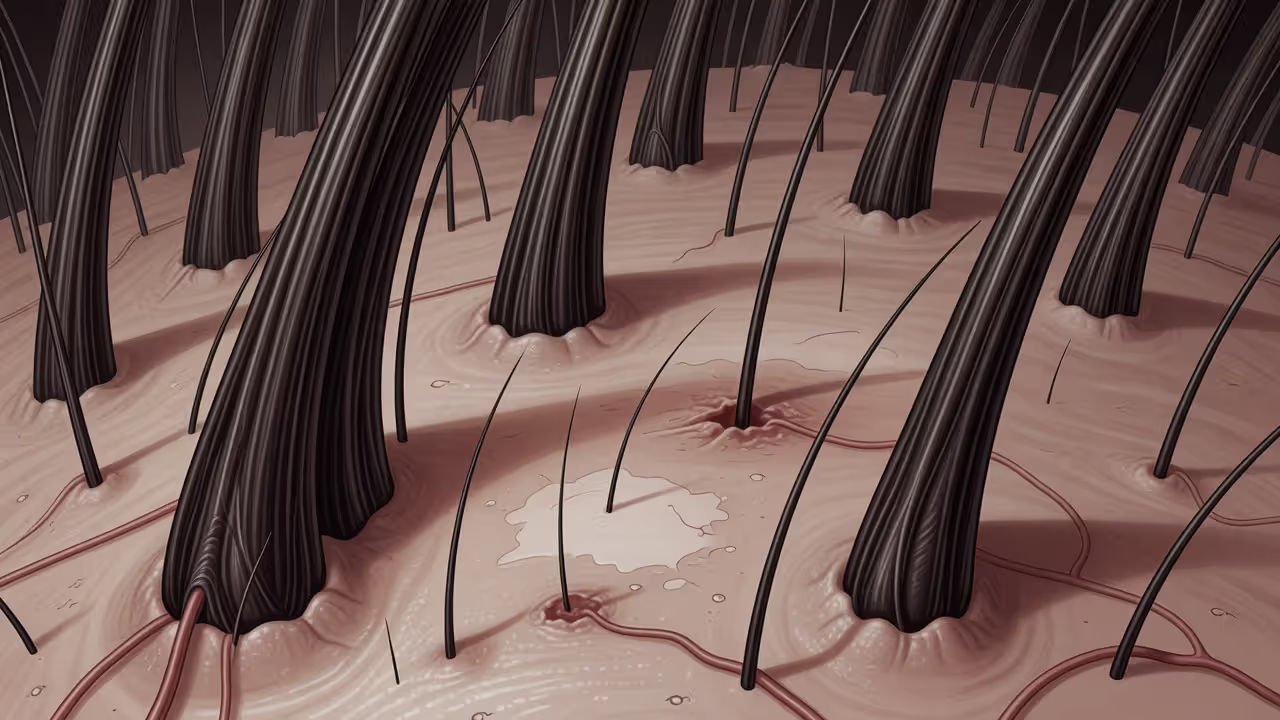 Diagram showing healthy versus miniaturized hair follicles on the scalp