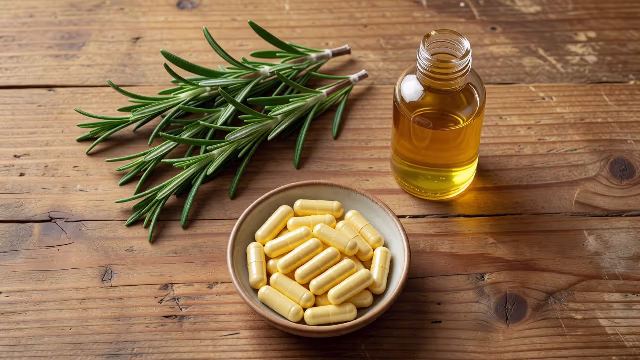 Natural ingredients used for home hair restoration including rosemary oil and supplements