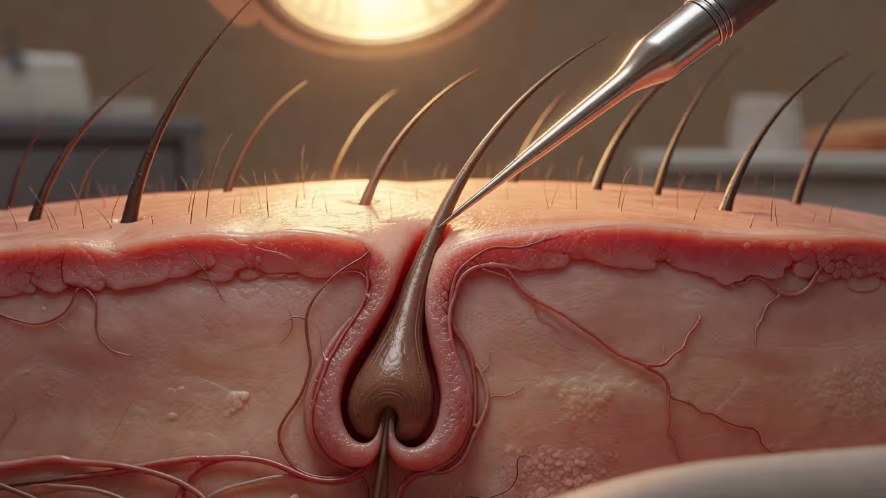 Diagram showing how a hair follicle is transplanted from donor to recipient area