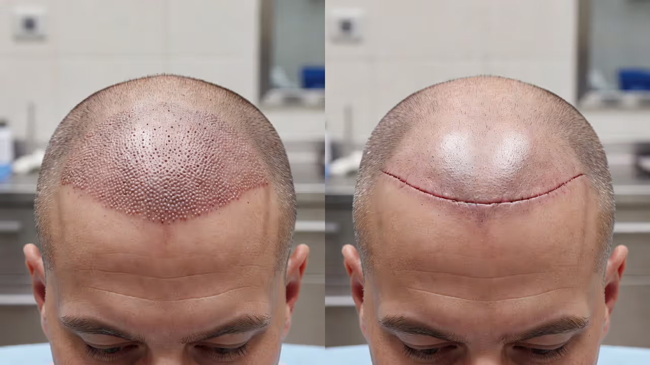 Visual comparison of FUE and FUT hair transplant techniques on a scalp model