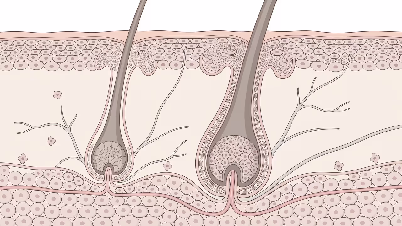 Hair follicle cross-section showing healthy versus DHT-affected miniaturized follicle