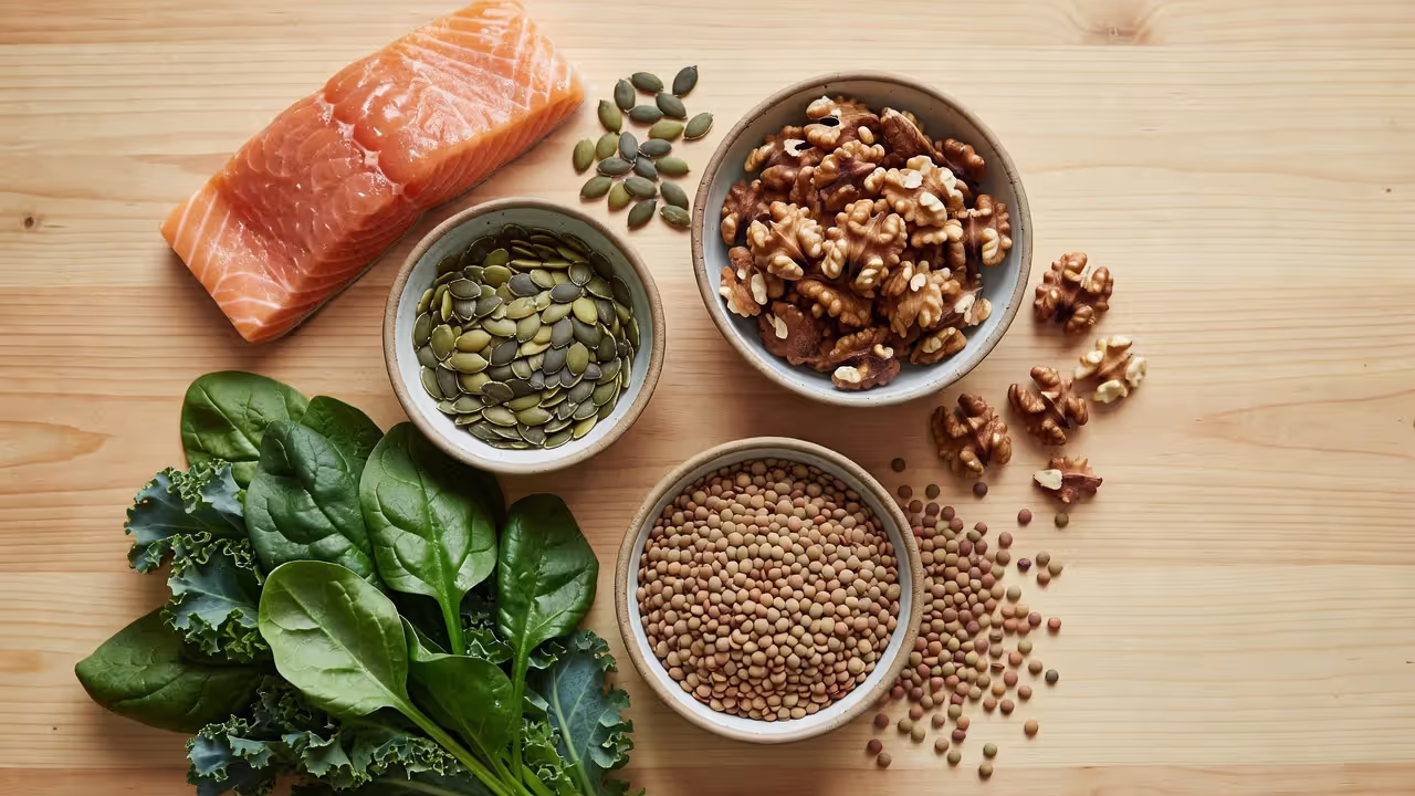 Natural foods that support hair growth including salmon, pumpkin seeds and walnuts