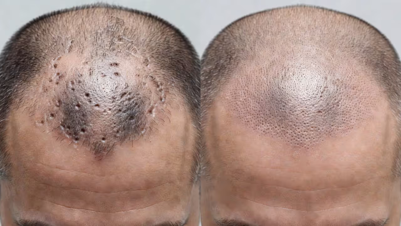 Comparison of hair plug scarring versus modern FUE transplant scarring on scalp