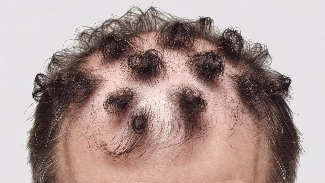 Illustration showing long-term hair plug aesthetic problem with isolated hair clusters and surrounding baldness
