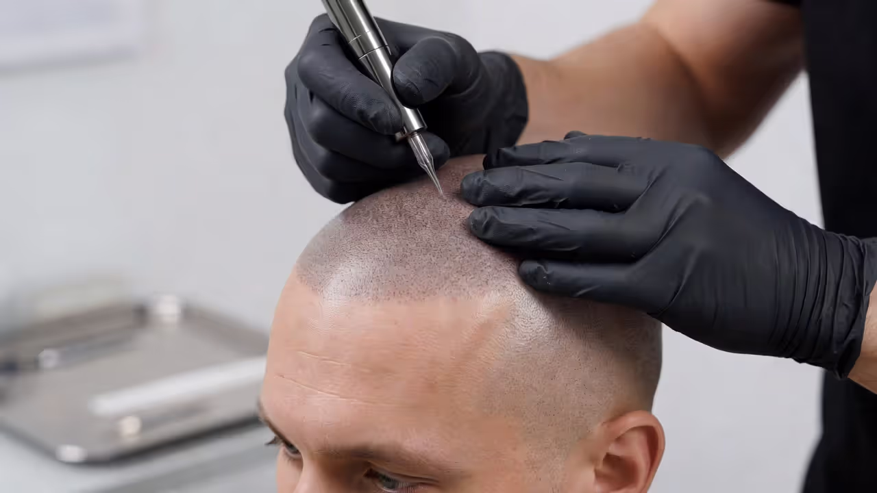 Scalp micropigmentation technician applying pigment to client's scalp