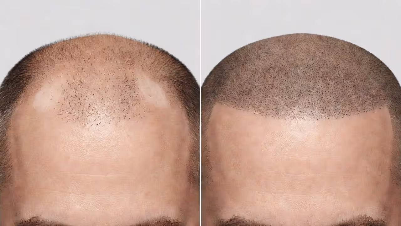 Before and after comparison of scalp micropigmentation results on a male client
