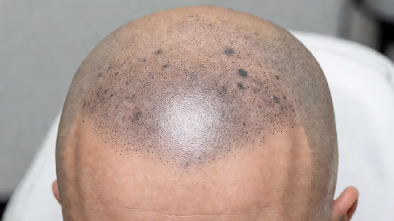 Example of botched scalp micropigmentation with uneven pigment dots