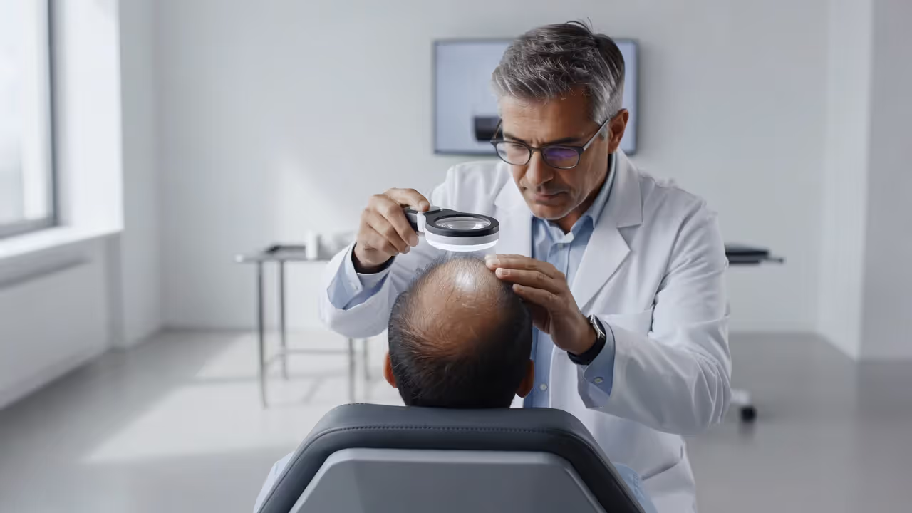 Hair restoration surgeon consulting with patient before hair grafting procedure